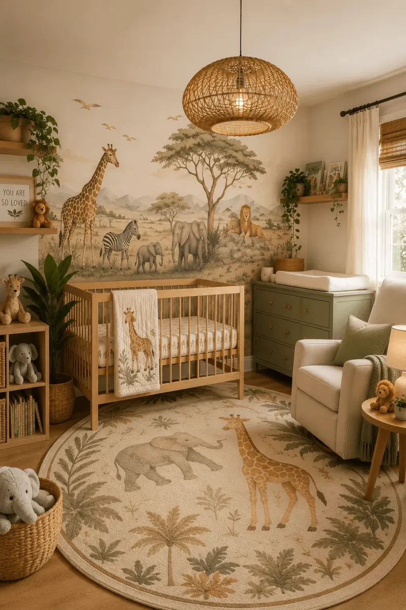 Neutral safari nursery with an elephant, giraffe, and zebra mural, white crib, moon wall light, rocking chair, and soft beige and blue accents.