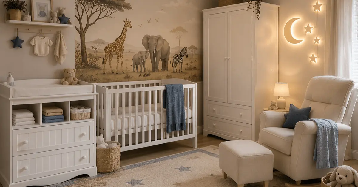 Modern safari nursery with animal mural, natural wood crib, sage green dresser, woven lighting, and jungle-inspired décor in warm neutral tones.