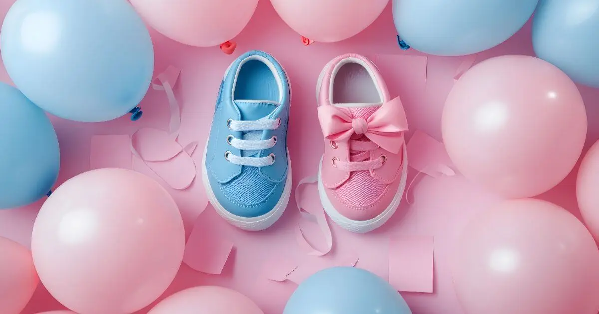 Pink and blue baby shoes surrounded by pastel balloons, symbolizing the excitement and anticipation of a gender reveal party before welcoming a new baby.