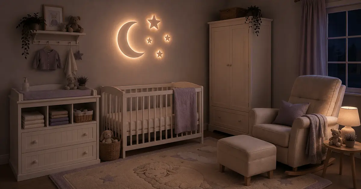 Peaceful nursery with a glowing moon and stars wall light, white crib, comfortable rocking chair, changing table, and soft lavender accents for bedtime.