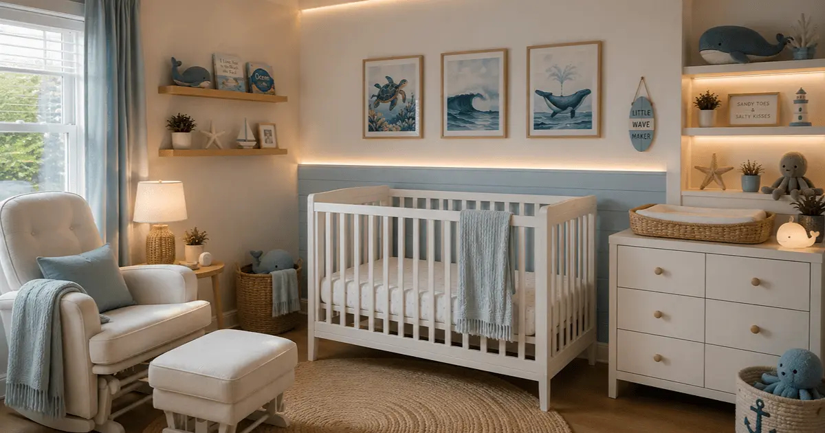 Ocean-themed nursery featuring a white crib, blue coastal wall art, whale décor, changing dresser, and soft nautical accents in a bright baby room.