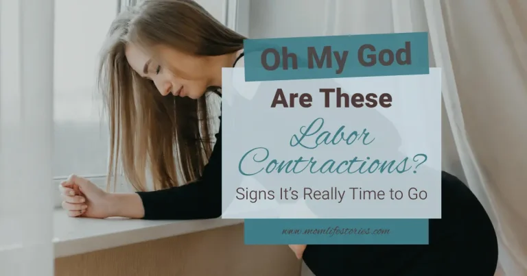 Pregnant woman leaning over in discomfort during labor contractions with text about recognizing real labor contractions and signs it’s time to go to the hospital.