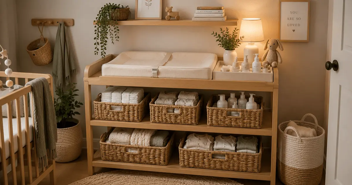 Beautifully organized nursery changing station with woven baskets, diapers, baby essentials, skincare products, and natural wood storage for easy diaper changes.
