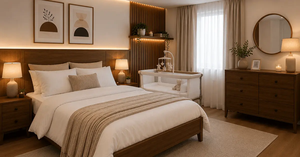 Modern nursery setup with a bedside bassinet in a cozy parent bedroom featuring warm wood furniture, soft neutral décor, and calming lighting for newborn sleep.