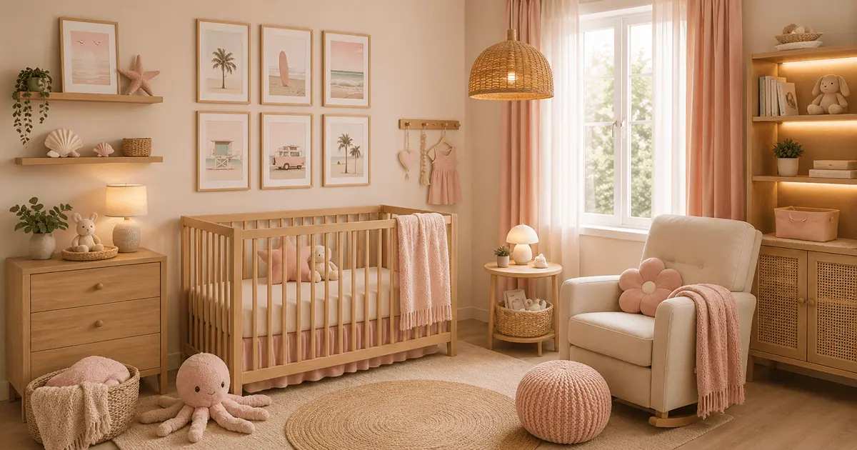 Soft pink coastal nursery featuring a natural wood crib, blush décor, woven textures, rocking chair, and bright window creating a peaceful baby girl's room.