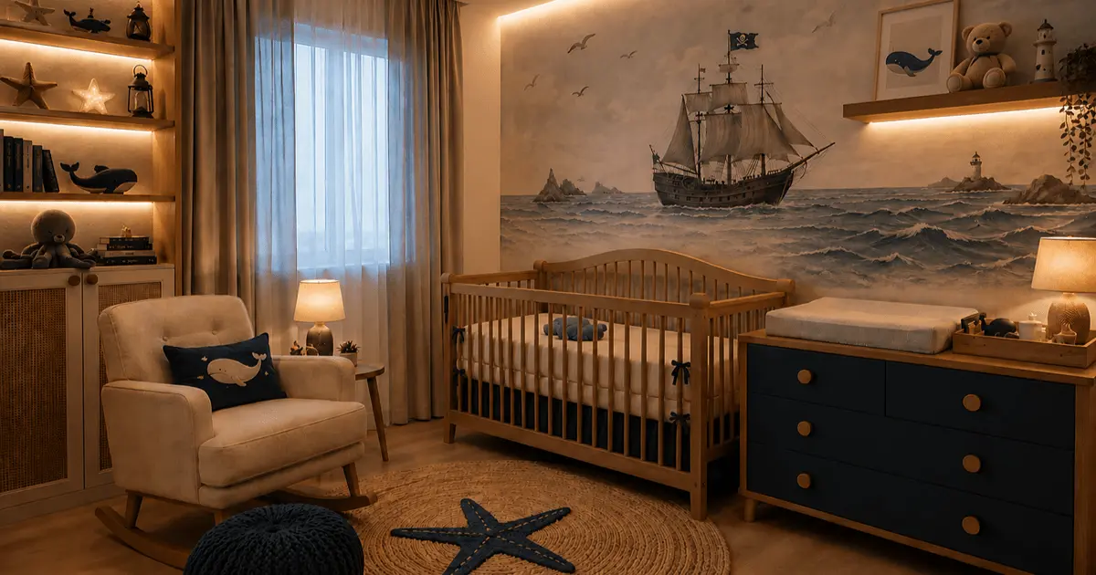 Creative pirate-themed nursery with a sailing ship mural, wooden crib, navy changing dresser, warm LED lighting, and cozy reading corner.