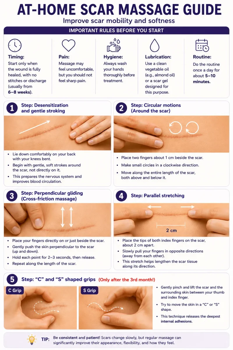 Postpartum Recovery at-home scar massage guide showing step-by-step techniques for C-section scar massage, including gentle strokes, circular movements, cross-friction massage, stretching, and scar mobilization to support healing and improve scar flexibility.