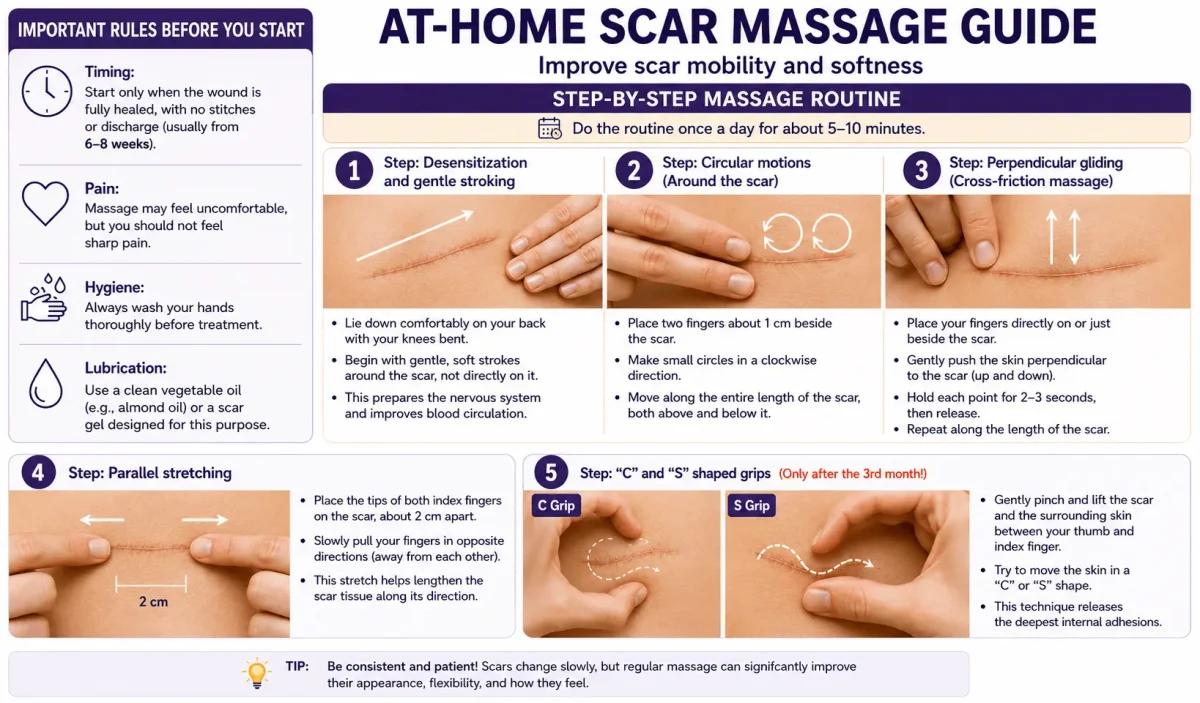 Postpartum Recovery at-home scar massage guide featuring step-by-step techniques for C-section scar mobilization, including desensitization, circular massage, cross-friction massage, parallel stretching, and C- and S-shaped scar massage, along with important safety guidelines before starting.