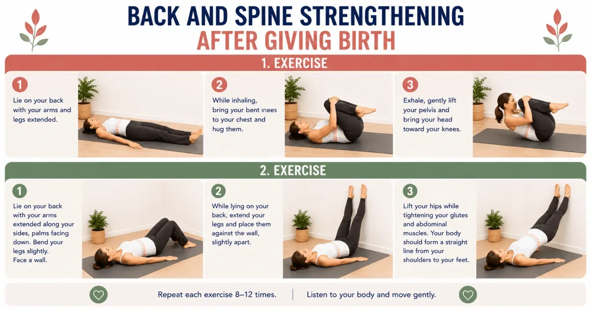 Postpartum recovery back and spine strengthening exercises infographic showing two gentle postpartum exercises to strengthen the back and spine, improve posture, support core stability, and reduce everyday discomfort after giving birth.