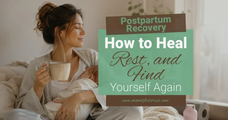 Postpartum Recovery: How to Heal, Rest, and Find Yourself Again Postpartum Recovery guide featuring a new mother peacefully holding her sleeping newborn while enjoying a quiet moment with a cup of tea, illustrating healing, rest, self-care, and emotional recovery after childbirth.