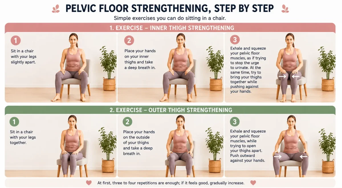Postpartum Recovery: Step-by-step pelvic floor strengthening exercises performed while sitting in a chair, showing inner and outer thigh strengthening techniques to help rebuild pelvic floor muscles after childbirth.