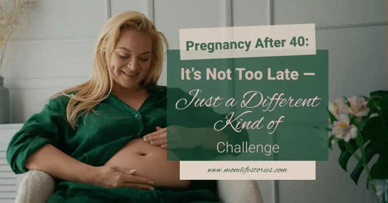 Pregnancy After 40 featuring a calm and happy expectant mother gently touching her belly in a peaceful home environment.