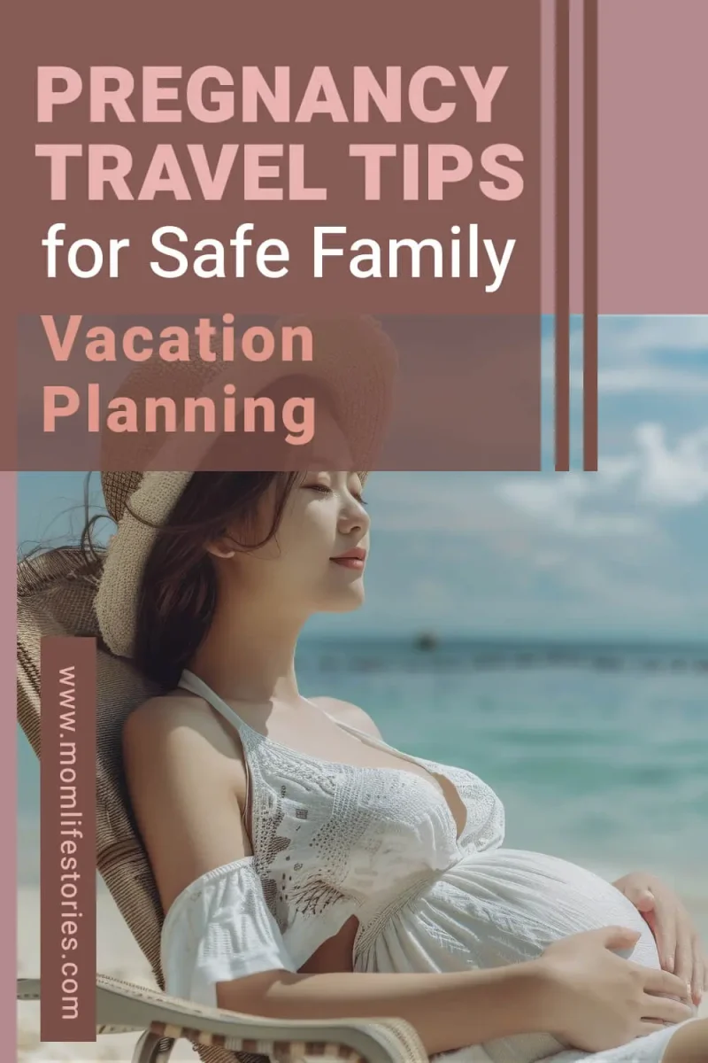 Pregnant woman standing on a beach in sunhat and swimsuit during a summer getaway, illustrating pregnancy travel tips for safe family vacation planning