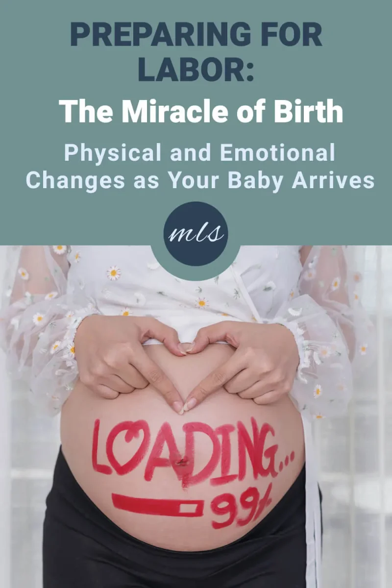 Preparing for Labor: What Happens to Your Body, Your Baby, and Your Mind Pregnant woman holding her belly with a countdown painted on her abdomen, illustrating preparing for labor, childbirth preparation, labor signs, physical and emotional changes during birth, and getting ready to meet a new baby.