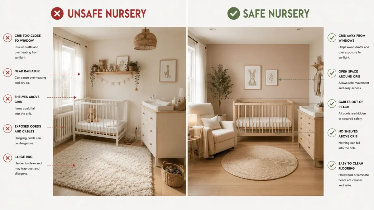 Safe vs. Unsafe Nursery comparison infographic showing the correct and incorrect nursery setup, including safe crib placement, proper furniture layout, hidden cords, and easy-to-clean flooring for a safer baby room.