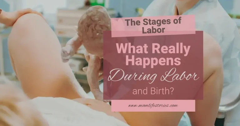 Stages of Labor infographic showing a baby being born during vaginal delivery in a hospital setting, illustrating what really happens during labor and birth. Educational childbirth image explaining the stages of labor and the birth process for expectant parents.