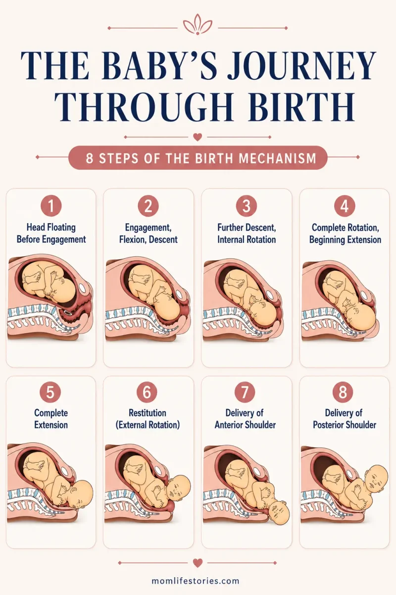 The Stages of Labor: What Really Happens During Labor and Birth? Stages of Labor infographic showing the baby's journey through birth in 8 illustrated steps, including engagement, descent, rotation, extension, and shoulder delivery during the labor and birth process.
