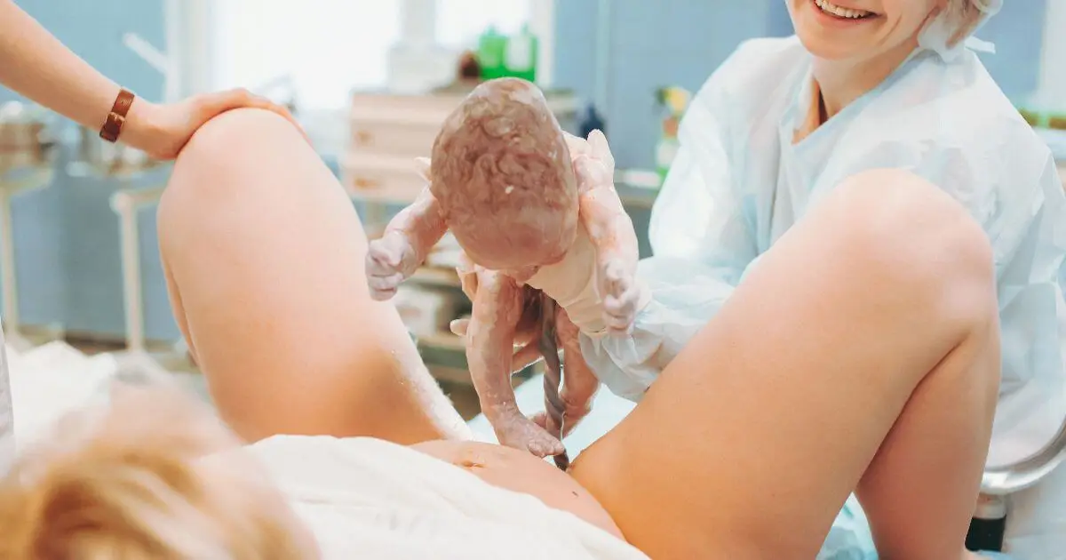 The Stages of Labor: What Really Happens During Labor and Birth? Stages of Labor illustration showing the birth stage, with a healthcare provider lifting a newborn baby moments after delivery in a hospital setting.