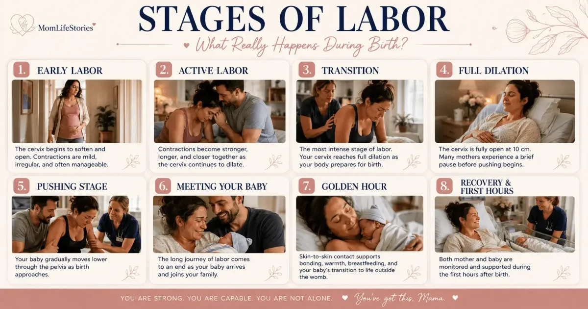 The Stages of Labor: What Really Happens During Labor and Birth? Stages of Labor infographic showing six phases of childbirth from early labor to the golden hour. The visual includes a pregnant woman preparing at home, active labor with partner support, transition, final stage of labor in a hospital setting, first moments with a newborn, and skin-to-skin bonding during the golden hour. Educational Stages of Labor chart for expectant parents explaining the birth journey step by step.