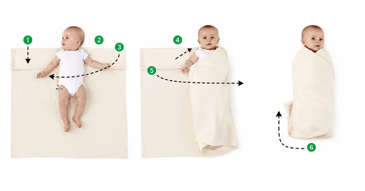 Step-by-step swaddling tutorial showing how to safely wrap a newborn baby in a blanket for better sleep. The six-step visual guide demonstrates proper swaddling technique while allowing room for healthy hip movement and development. Perfect for parents learning how to swaddle a baby safely.