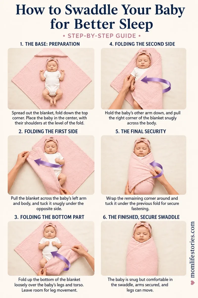 Step-by-step swaddling guide showing six stages of safely wrapping a baby girl in a soft pink blanket for better sleep, including preparation, folding each side, securing the swaddle, and the finished swaddling technique.