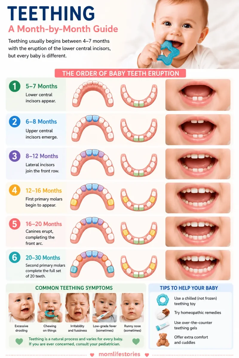 Colorful baby teething chart showing the month-by-month order of baby teeth eruption from 5 to 30 months, common teething symptoms, and helpful tips for soothing a teething baby.