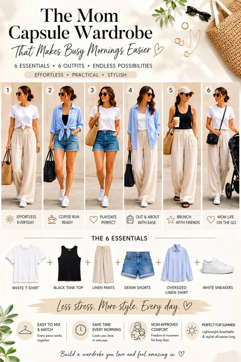 The Mom Capsule Wardrope That Makes Busy Morning Easier. Too many clothes and still nothing to wear? This Mom Capsule Wardrobe shows how 6 simple essentials can create multiple outfits without overthinking every morning. See how a white tee, black tank, linen pants, denim shorts, an oversized shirt, and white sneakers can become the foundation of a wardrobe that feels stylish, practical, and effortless. A Mom Capsule Wardrobe is proof that less really can do more.