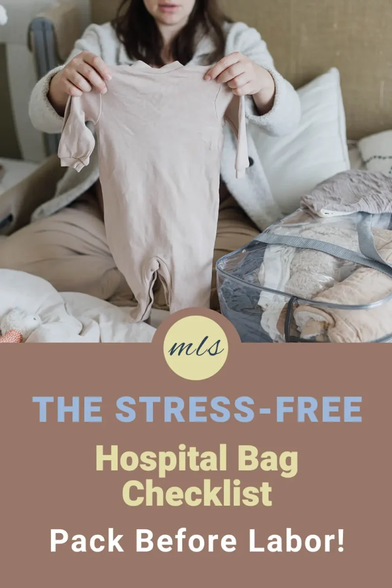 Pregnant woman holding a baby onesie while organizing baby clothes and essentials, featuring a hospital bag checklist and a complete hospital bag for mom to be before labor and delivery.