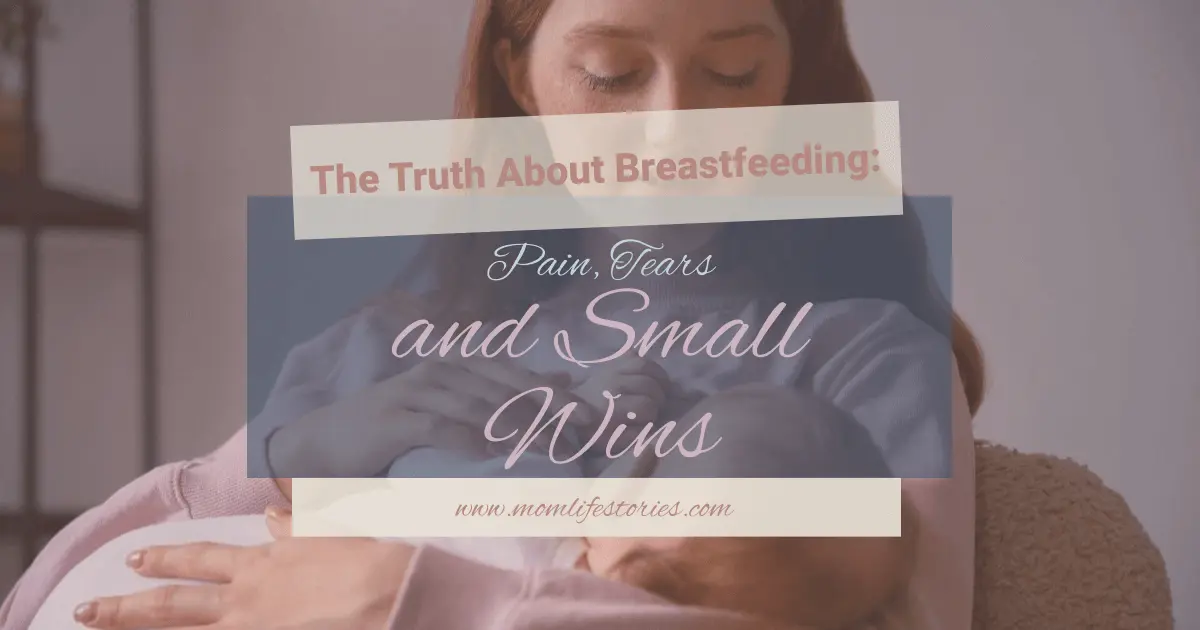 Truth About Breastfeeding – honest motherhood moment showing a tired new mom breastfeeding, reflecting pain, learning, and quiet emotional connection