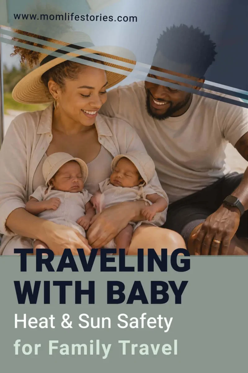 Parents enjoying a beach vacation with their baby under sun protection, illustrating traveling with baby heat and sun safety for family travel.