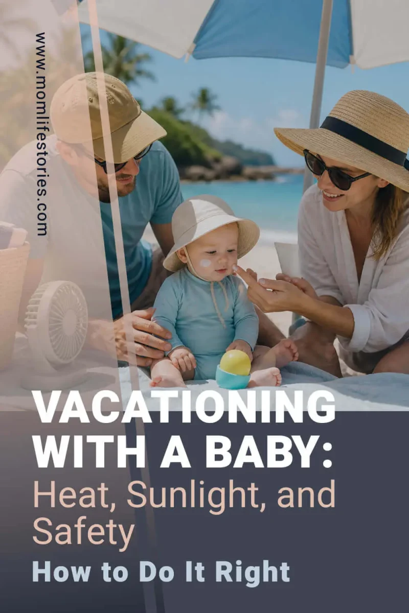 Family vacationing at the beach with a baby protected from heat and sunlight, illustrating baby travel safety tips for warm-weather family vacations.