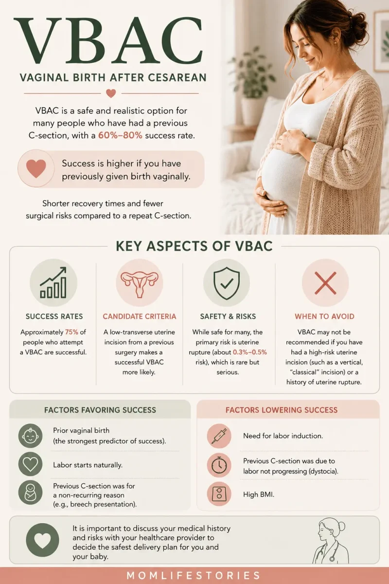 Vaginal Birth After a C-Section? Everything You Want to Know About VBAC Educational VBAC infographic explaining vaginal birth after cesarean, including VBAC success rates, safety risks, candidate criteria, recovery benefits, and factors that increase or lower VBAC success after a previous C-section.