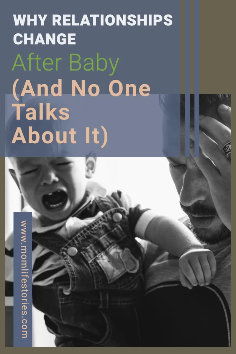 Parent looking stressed while holding a crying baby, illustrating the challenges of a relationship after baby, including sleep deprivation, emotional strain, communication struggles, and changes in family dynamics after becoming parents.